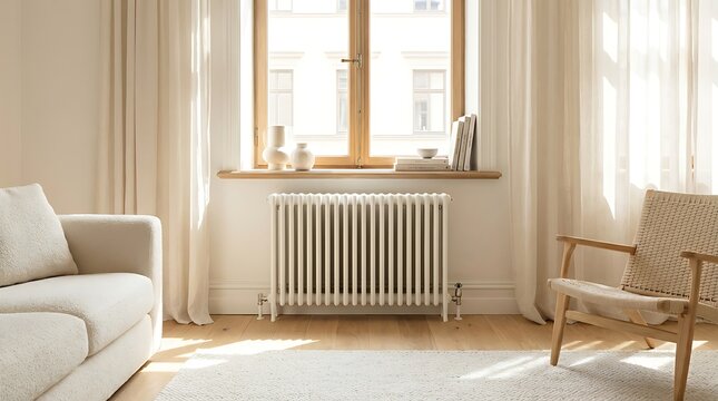 Minimalist living room interior with a white radiator, wooden window frame, cozy armchair, and soft curtains in a bright, sunlit home setting