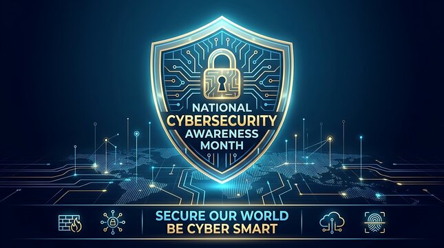 National cybersecurity awareness month celebration with secure world digital shield emblem over world map graphic, promoting online safety and cyber smart behavior.