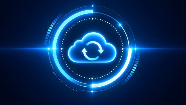 Futuristic glowing blue cloud computing icon with synchronization arrows representing digital network storage and digital transformation technology concept