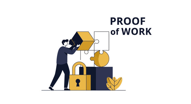 Proof of Work Concept Vector Illustration for Blockchain Technology, Cryptocurrency Mining, and Decentralized Network Security