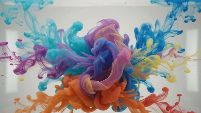 Colorful Ink Blooming and Mixing Underwater Creating Vibrant Abstract Fluid Waves Background