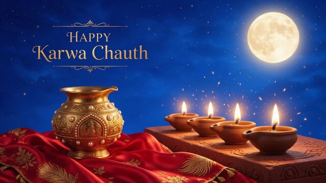 Happy Karwa Chauth background banner with a golden kalash pot burning diya lamps and full moon.