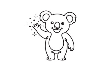 Fototapeta premium Minimalist Line Art Koala Illustration Featuring a Friendly Waving Gesture with Sparkling Stars for Creative Animal Themed Graphic Design Projects