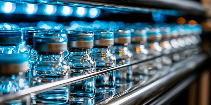 Rows of clear glass vials with blue caps on a metallic conveyor belt, illuminated by cool blue lights, showcasing pharmaceutical manufacturing precision.