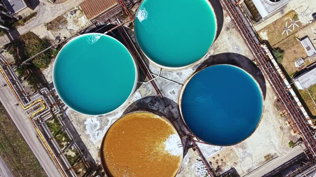 Four large tanks filled with water of various colors are located in a chemical plant. Pipes and machinery surround the tanks. The scene shows industrial activity and storage of liquids.