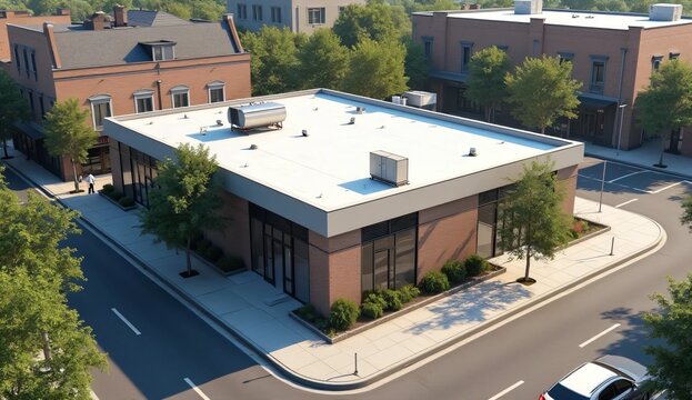 Urban cool-roof retrofit combining reflective roofing, shading, ventilation and planted edges to reduce heat stress around a small building