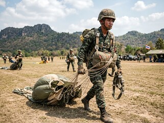 Obraz premium On March cadets trained in parachuting at the Ban Tha Duea Drop Zone in Lopburi, Thailand
