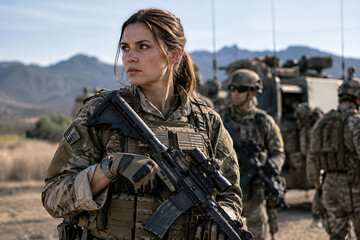 Obraz premium A female soldier carrying a rifle