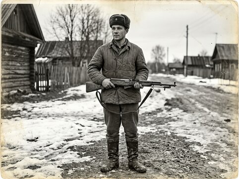 A black‑and‑white, slightly yellowed snapshot of a soldier in an army jacket and fur hat, holding a rifle outdoors, captured in the USSR during the 1960s