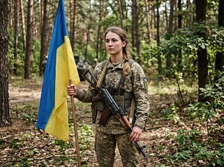 Obraz premium In a forest, a girl in a military uniform holds a weapon and the Ukrainian flag, amid the War of