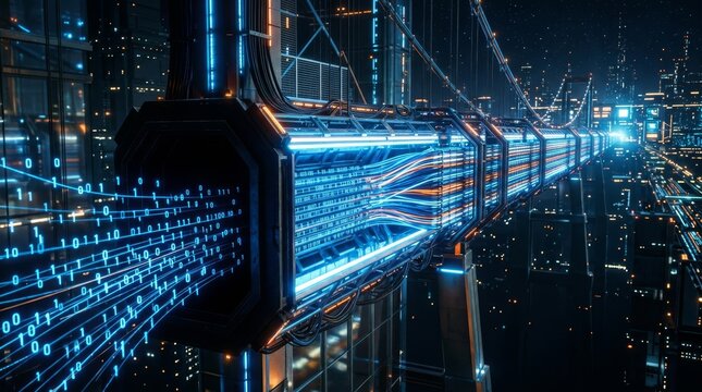 Low angle horizontal perspective of a high-speed fiber optic data transmission tunnel with binary code stream in a futuristic cyberpunk city at night, representing global connectivity and speed.
