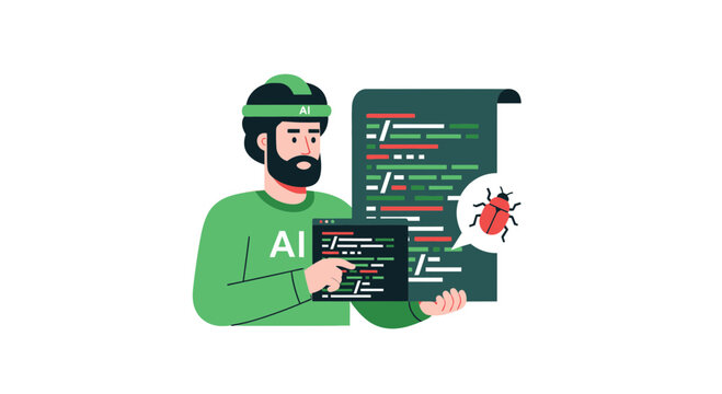 AI Developer Debugging Software Code Vector Illustration. Programmer Character Using Artificial Intelligence to Find and Fix Programming Errors and Bugs.