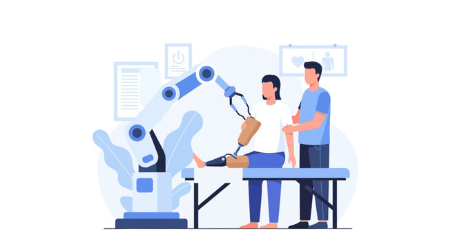 Medical Robotics and Prosthetics Illustration: Robotic Arm Fitting a Bionic Leg to a Female Patient in a Rehabilitation Center with a Doctor
