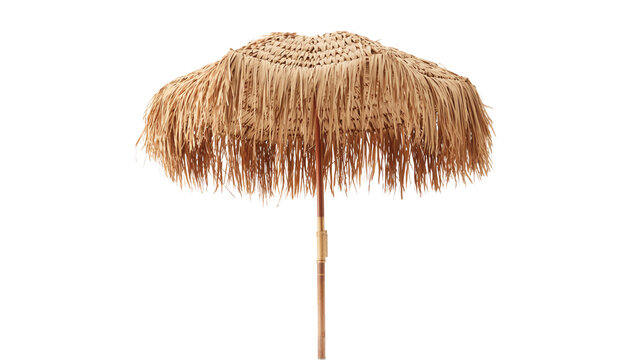 Natural raffia straw beach umbrella isolated on a clean white background with umbrella tropical sunshade vacation isolated background protection summertime