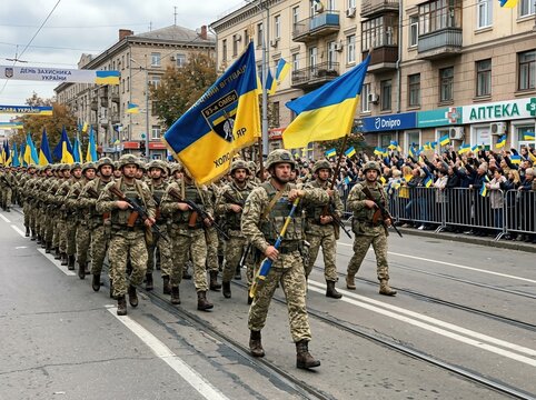 On Defender's Day, a line of Ukrainian army soldiers, armed and bearing flags, marched in a military parade in Dnipro, Dnepropetrovsk, Ukraine, on 14 October