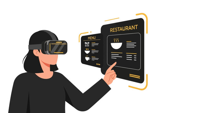 Woman Wearing VR Headset Interacting with Digital Restaurant Menu Vector Illustration - Futuristic Food Ordering and Metaverse Dining Concept