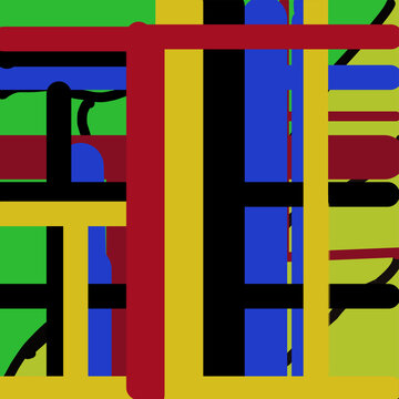 A colorful geometric abstract pattern featuring bold lines and intersecting blocks in red, yellow, blue, green, and black.