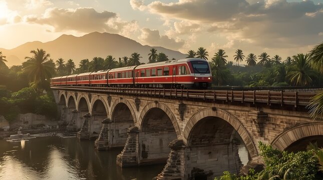 Historic Railway Bridge with a Red and White Train Surrounded by Tropical Scenery