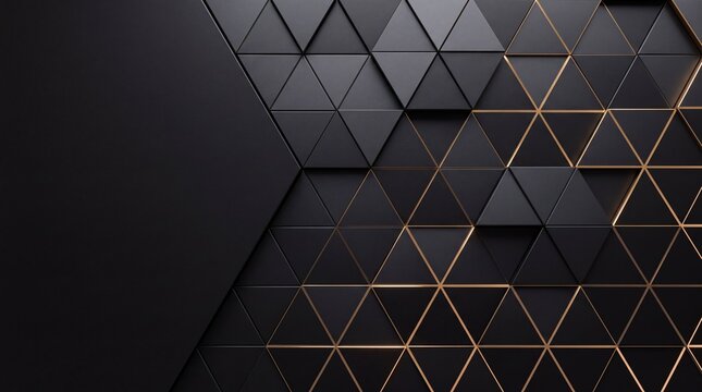 Abstract geometric pattern of dark triangles with golden glowing outlines on a textured background, technological and futuristic design