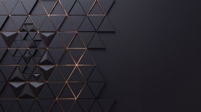 geometric pattern of dark triangles with copper trim, abstract background with depth and texture, modern luxury design for digital art or decor