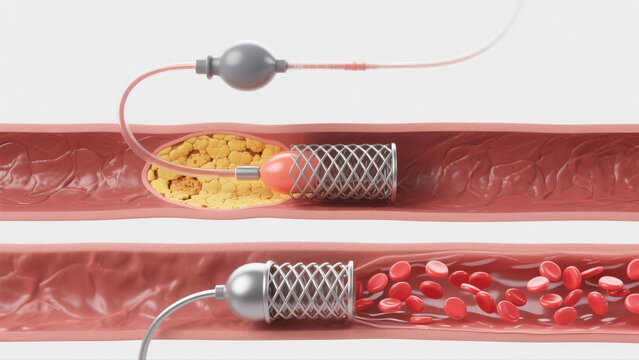 Medical illustration of arteriosclerosis, showing blood vessel wall thickening, lipid plaque buildup and narrowed arterial lumen. Visualizes pathological changes of hardening arteries, risk of blood f