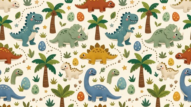 Fun seamless pattern featuring adorable colorful dinosaurs and tropical palm trees for nursery decor or children clothing fabrics perfect for crafting cheerful projects and vibrant textile