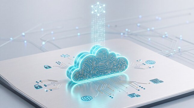 Digital cloud computing icon with data stream rising above a circuit board, representing data transfer and cloud technology