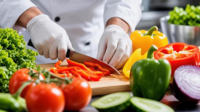 Fresh colorful vegetables being sliced by chef in kitchen with healthy ingredients for cooking