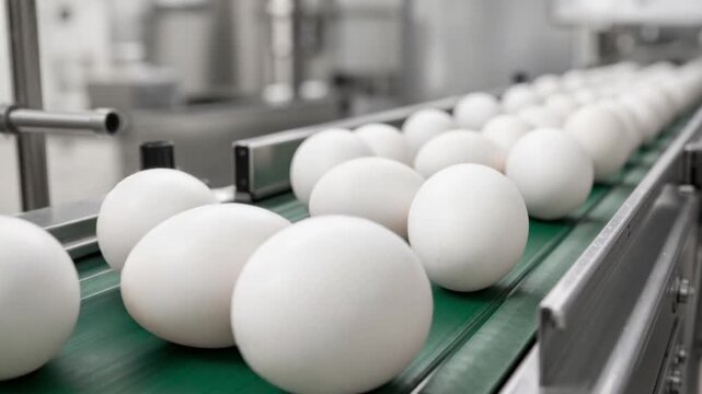 White eggs moving on conveyor belt in modern food processing factory production line