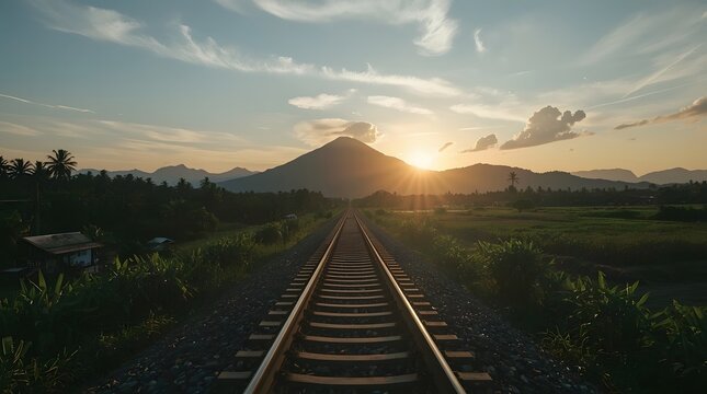 Minimalist Mountain Railway Landscape with Tropical Scenery and a Golden Sunrise