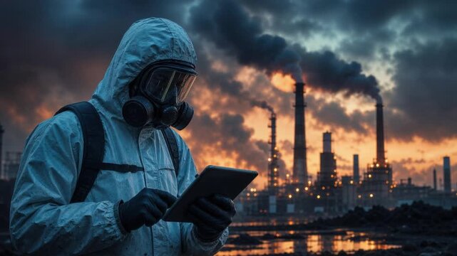 Environmental pollution monitoring with industrial smoke and worker in protective gear using digital tablet
