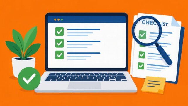 Checklist and task management concept with laptop magnifying glass and completed tasks on bright background