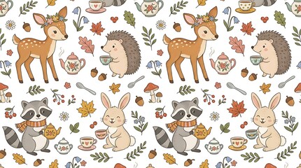 Fototapeta premium Seamless pattern featuring cute woodland creatures enjoying a tea party with little deer hedgehog raccoon and rabbit drinking hot beverages surrounded by forest foliage leaves and acorns in