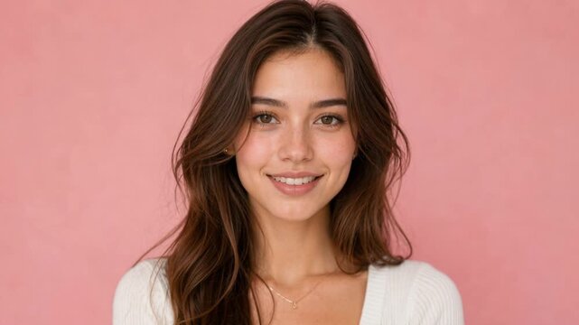 Happy young woman smiling against pink background with long brown hair and casual white sweater