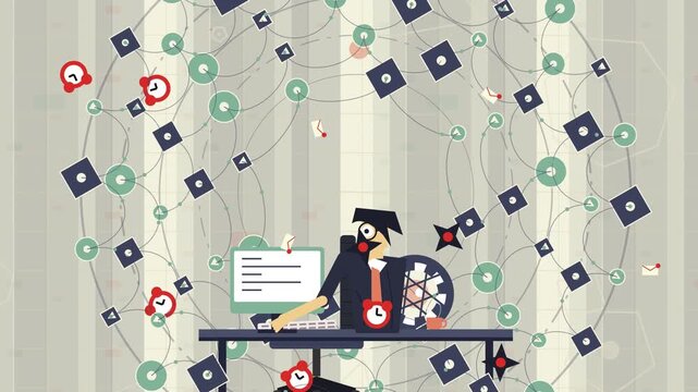 2D animation of a businessman at a desk surrounded by a complex network of interconnected nodes and clocks representing information overload and multitasking
