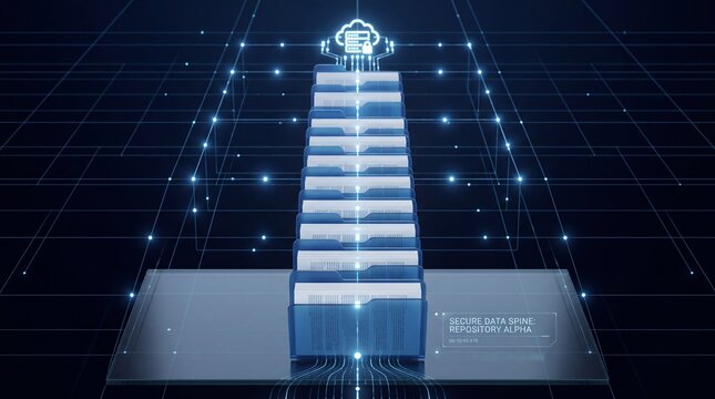 Abstract digital data tower ascending towards a cloud icon, representing data storage and cloud computing concepts, with a grid network background and glowing blue particles