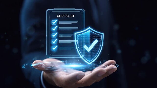 Businessman holding digital checklist and shield icon hologram for data protection and security concept