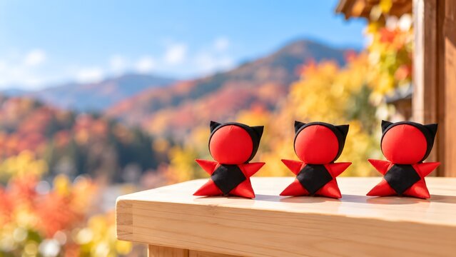 秋の飛騨高山の店先に並ぶ三体のさるぼぼ 紅葉の山と青空を背景にしたお土産