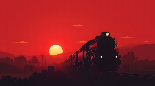 Elegant Train Silhouette Against a Dramatic Sunrise in an Indonesian Railway Setting
