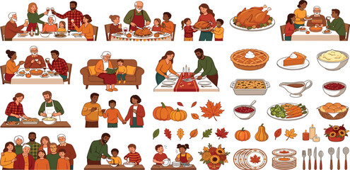 Fototapeta premium Thanksgiving family feast vector set with people dining icons food elements isolated on white