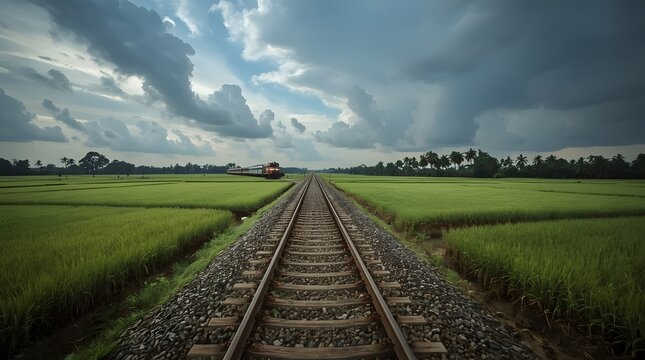 Elegant Railway Tracks Through Indonesian Rice Fields Beneath a Dramatic Cloudy Sky