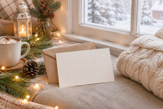 Holiday card and envelope with knit sweater on window seat, warm string lights, cozy winter still life