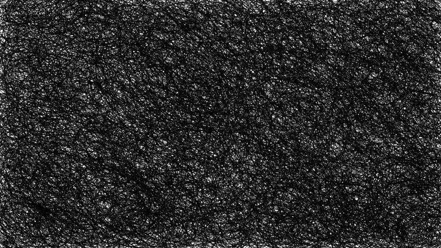 Dense black-and-white abstract texture featuring chaotic, overlapping scribble lines forming an intricate, tangled pattern.
