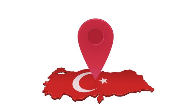 Animated 3D red map pin bouncing on Turkey map flag representing travel, geography navigation, and location tracking. Chroma key green screen with alpha channel. (loopable)