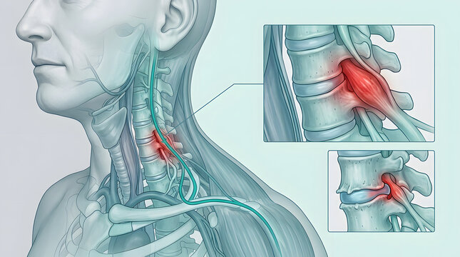 Cervical spine, neck and disk herniation with medical illustration, anatomy and skeletal system. Healthcare, vertebrae and spinal cord with nerve pain, injury and clinical surgery for rehabilitation