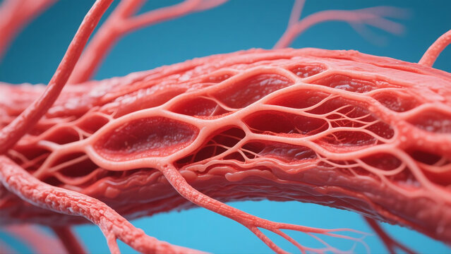 Medical illustration of arteriosclerosis, showing blood vessel wall thickening, lipid plaque buildup and narrowed arterial lumen. Visualizes pathological changes of hardening arteries, risk of blood f
