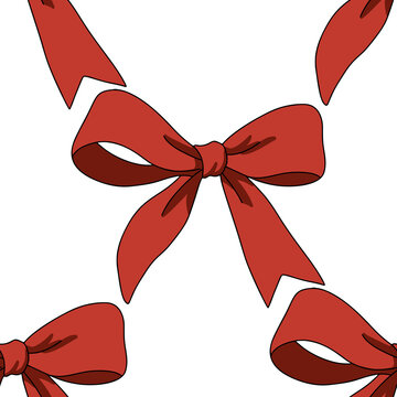 Red ribbon bows seamless pattern on white background. Christmas gift wrap, greeting cards, stickers, and holiday packaging.