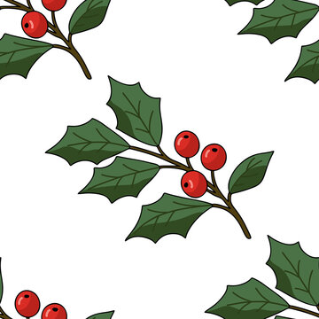 Holly branches with berries seamless pattern on white background. Christmas gift wrap, social media posts, wallpaper, and holiday packaging.