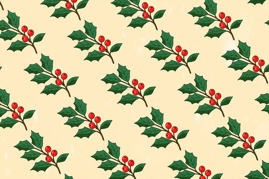 Holly branches with berries seamless pattern on beige background. Christmas gift wrap, wallpaper, textile prints, and holiday packaging.