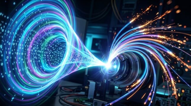 High-tech 3D render of an optical vortex transforming digital binary data through laser light, representing advanced quantum computing, fiber optic communications, and physics technology.